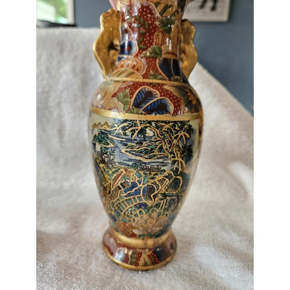 Vintage Set Of 3 hand paint Chinese Decorative Vase Coastal Birds Flowers 8 Inch